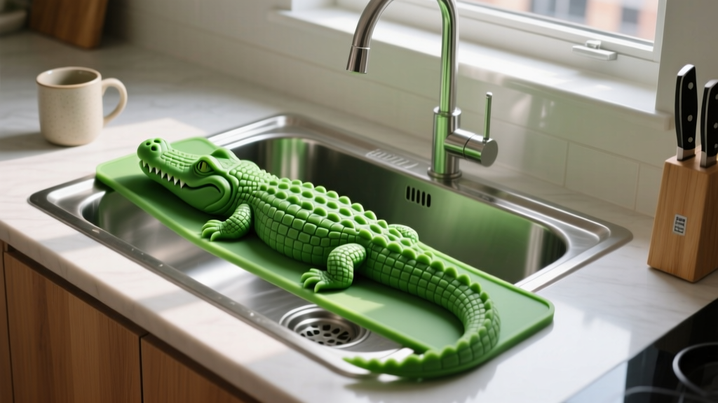 Green silicone over-the-sink cutting board shaped like a crocodile resting across a stainless steel basin in a compact apartment kitchen