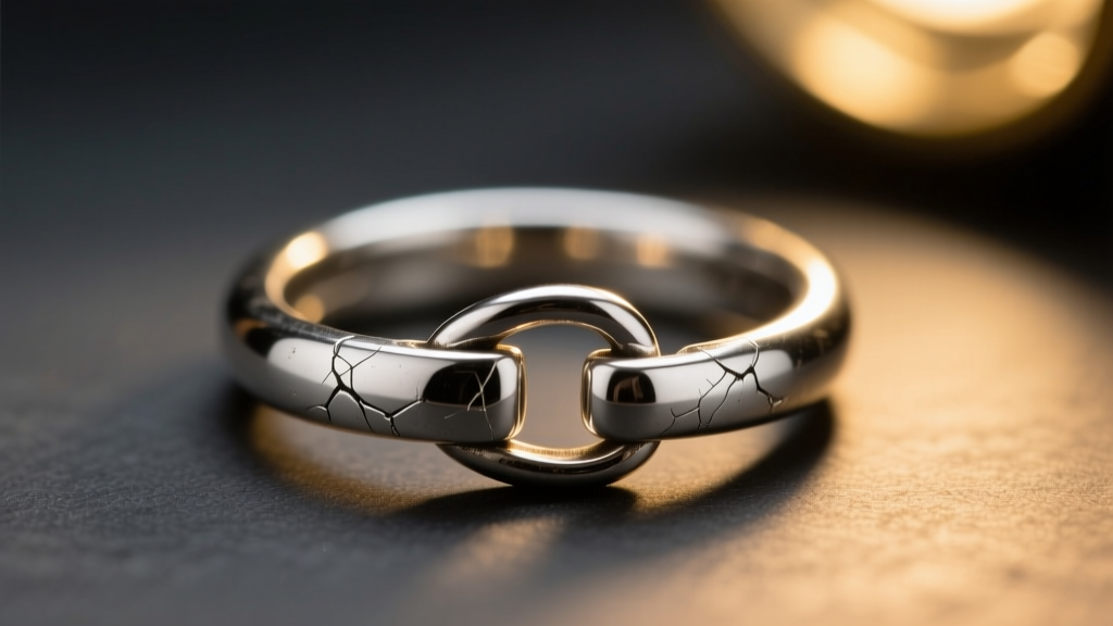 Macro shot of a jammed 9mm sterling silver spring ring clasp with a bent internal lever, lit by a warm jeweler bench lamp.