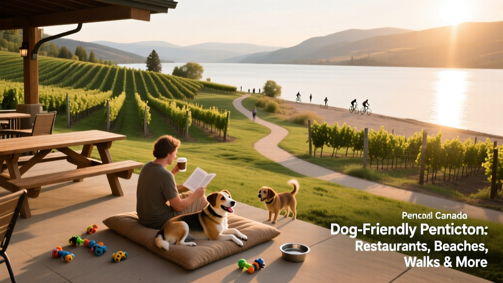 Vineyard landscape overlooking Skaha Lake in Penticton, with picnic tables and a relaxed, dog-friendly patio area