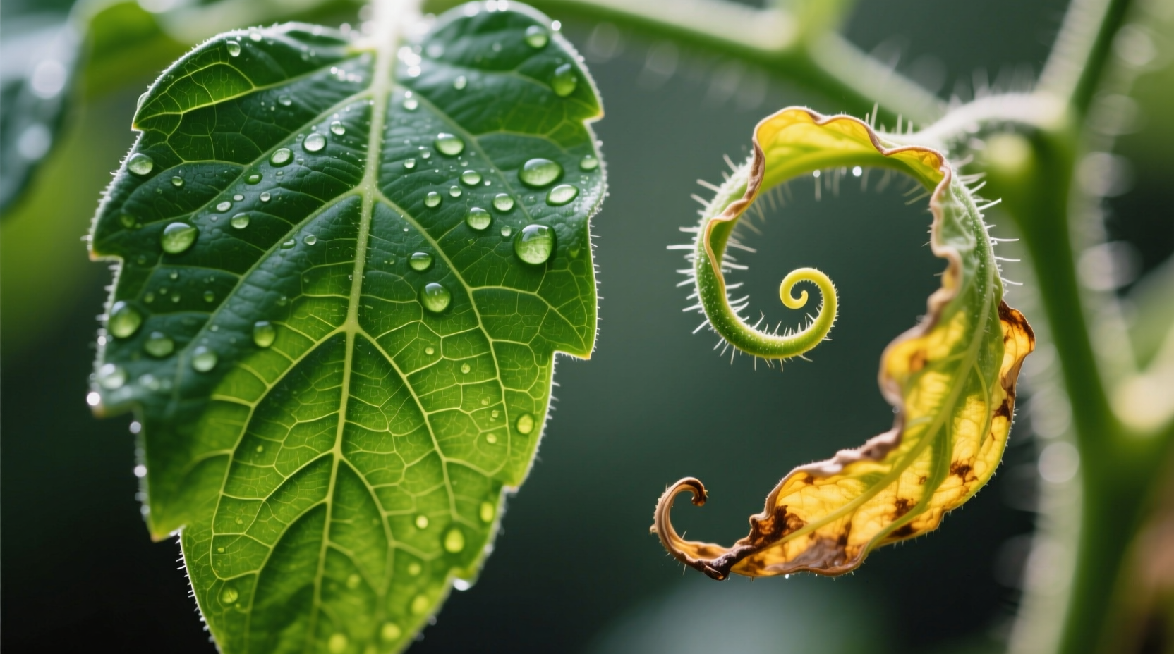 Close-up of healthy versus curling tomato leaves