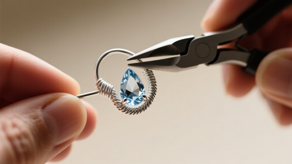 Close-up of hands using round-nose pliers to form a wire-wrapped loop on 24-gauge sterling wire above a teardrop quartz briolette.