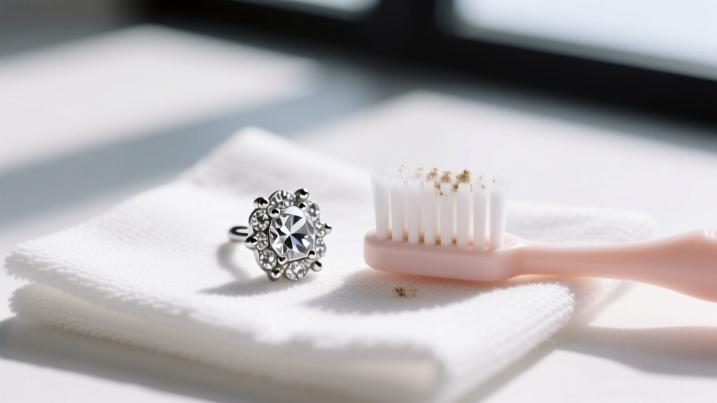 Soft baby toothbrush gently cleaning the prongs of a silver-tone rhinestone Lia Sophia stud earring on a white microfiber cloth