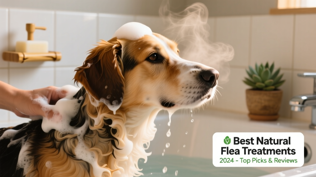 Close-up of a dog being gently lathered with natural flea shampoo during bath time