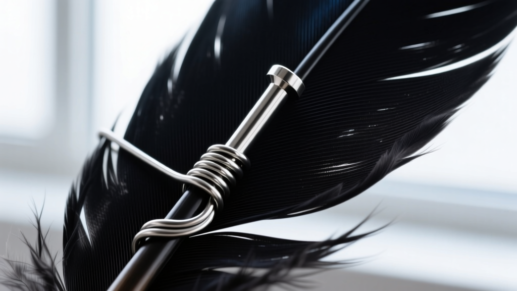 Macro shot of a 20-gauge titanium post attached to a black turkey flat feather, highlighting a secure wire-wrapped loop detail