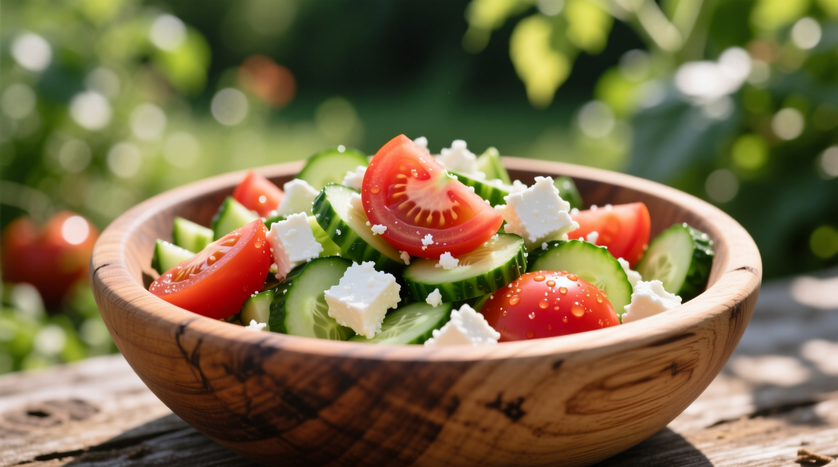 Fresh tomato cucumber feta salad in wooden bowl