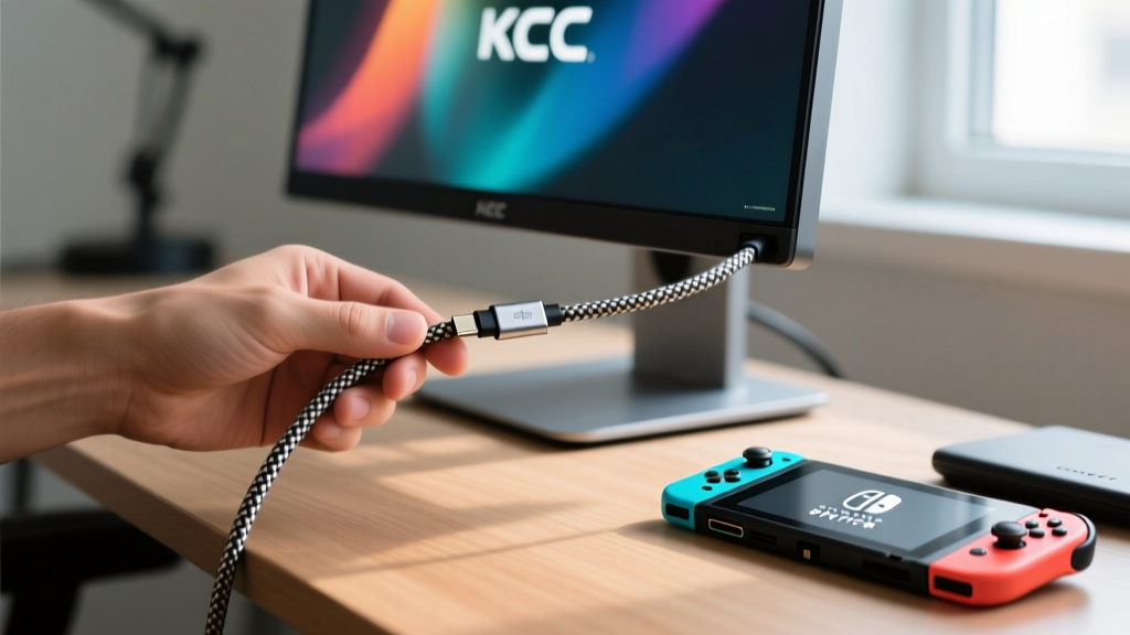Close-up of hands connecting a braided USB-C cable to a KTC portable gaming monitor while a Nintendo Switch sits on the desk beside it