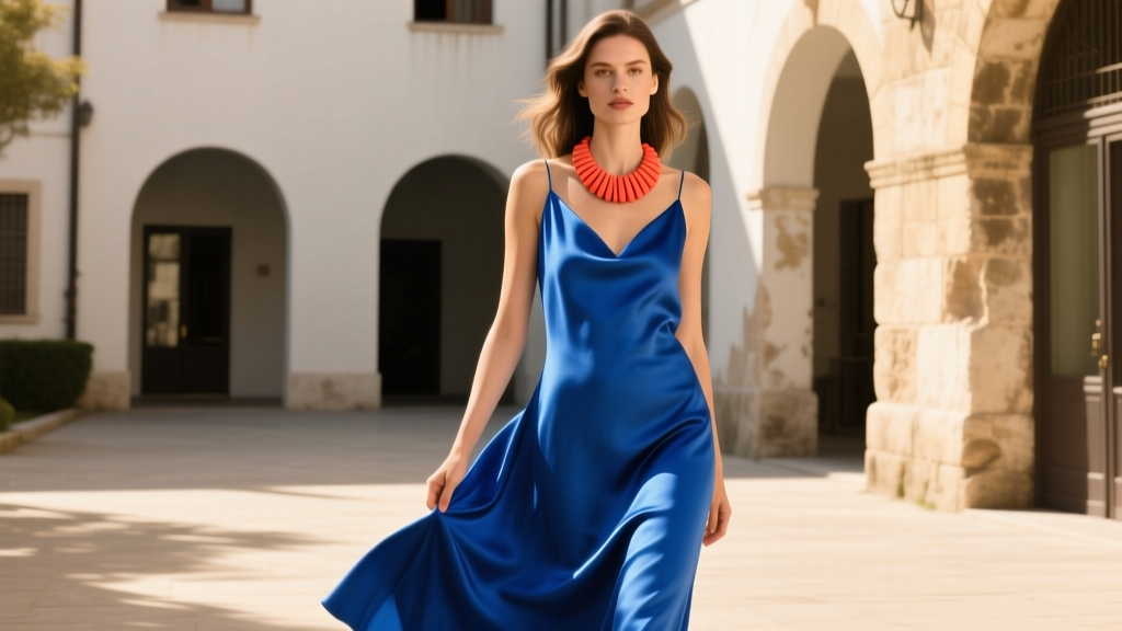 Woman in a cobalt blue silk dress paired with a striking chunky coral necklace, photographed in warm afternoon sunlight.