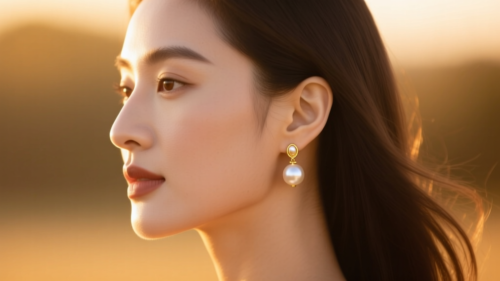 Woman with oval face wearing delicate 14k gold pearl earrings drop style, shown in profile against a blurred warm background