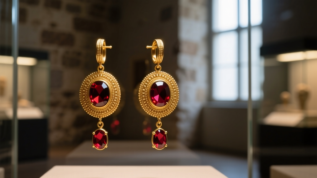 Macro shot of Hellenistic gold earrings with granulation and dangling garnet cabochons inside a dimly lit museum glass display
