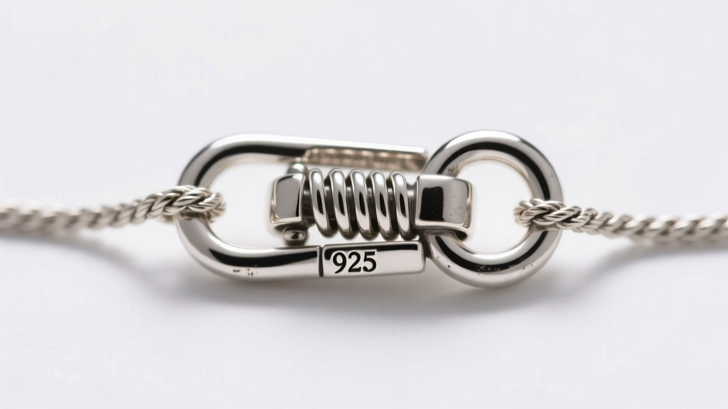 Extreme macro of a stamped 925 sterling silver lobster clasp attached to a 1.2mm rope chain, highlighting the spring mechanism