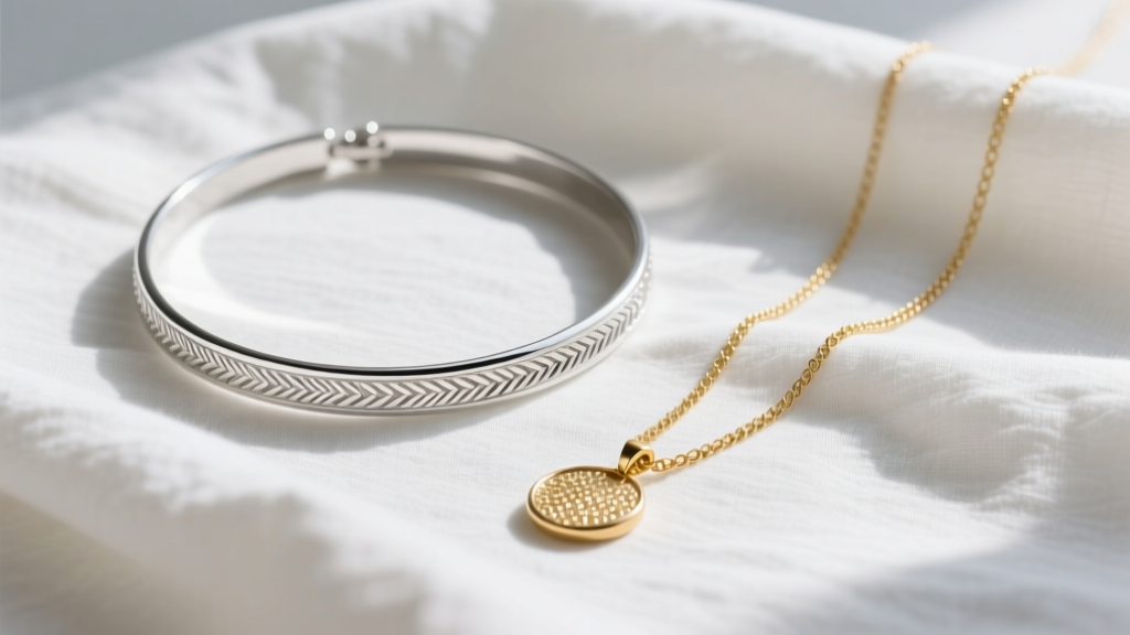 Close-up flat lay of a 16-inch sterling silver choker and a 14k gold 20-inch pendant chain resting on folded white linen fabric
