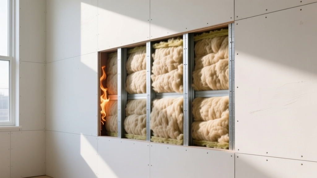Cross-section of commercial wall cavity revealing dense mineral wool batts between steel studs with fire-rated gypsum