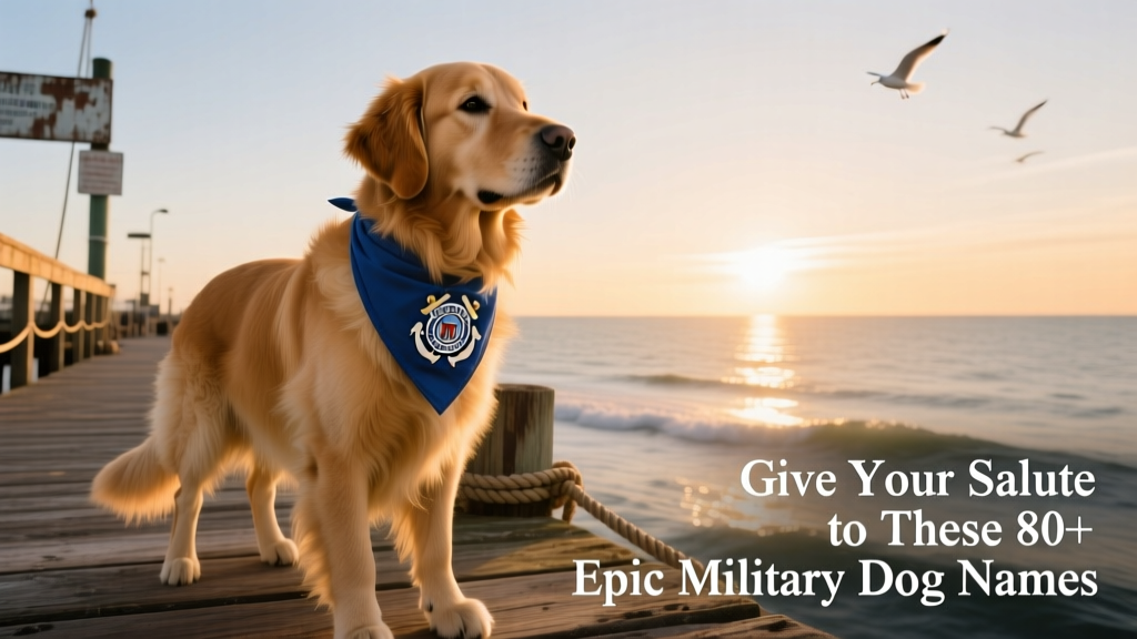 A golden retriever wearing a blue bandana with Coast Guard insignia, gazing confidently toward the horizon