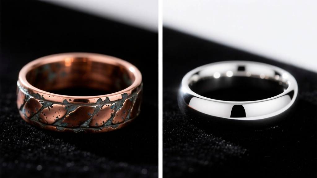 Split view of a heavily tarnished copper-sterling silver band next to a bright, untarnished argentium silver ring on dark velvet