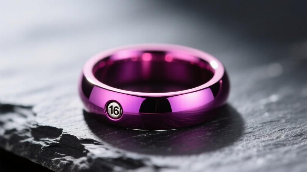 Macro shot of 16-gauge anodized titanium magenta captive bead ring on dark slate, showing vibrant purple-pink metallic finish