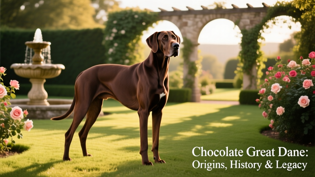 A regal Chocolate Great Dane standing confidently in a sunlit garden