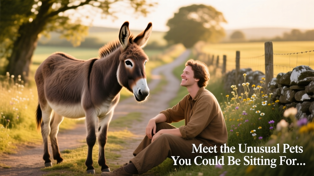 A gentle donkey standing peacefully beside a sitter on a countryside path