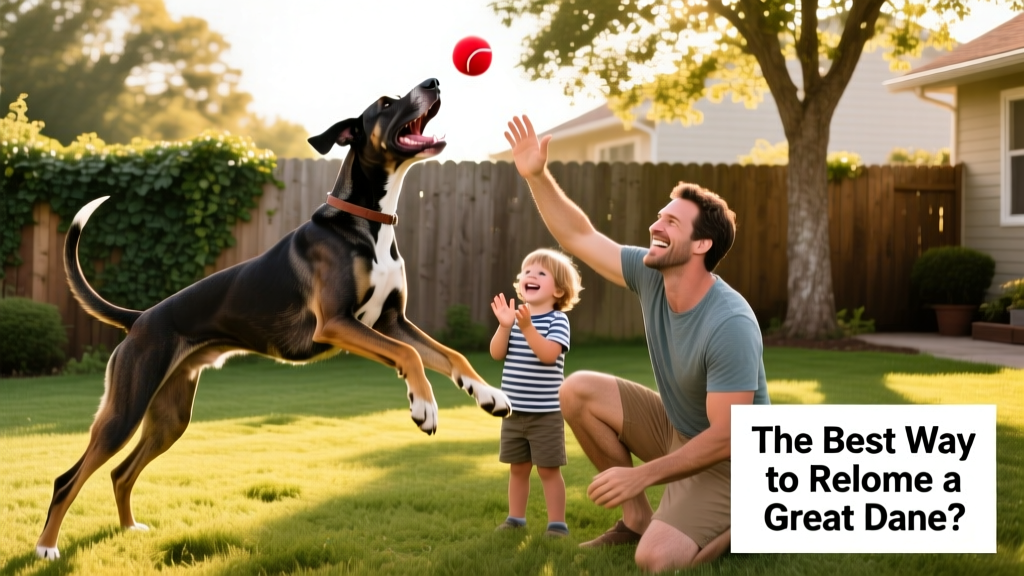 A joyful Great Dane playing fetch in a spacious backyard with a smiling adult and child