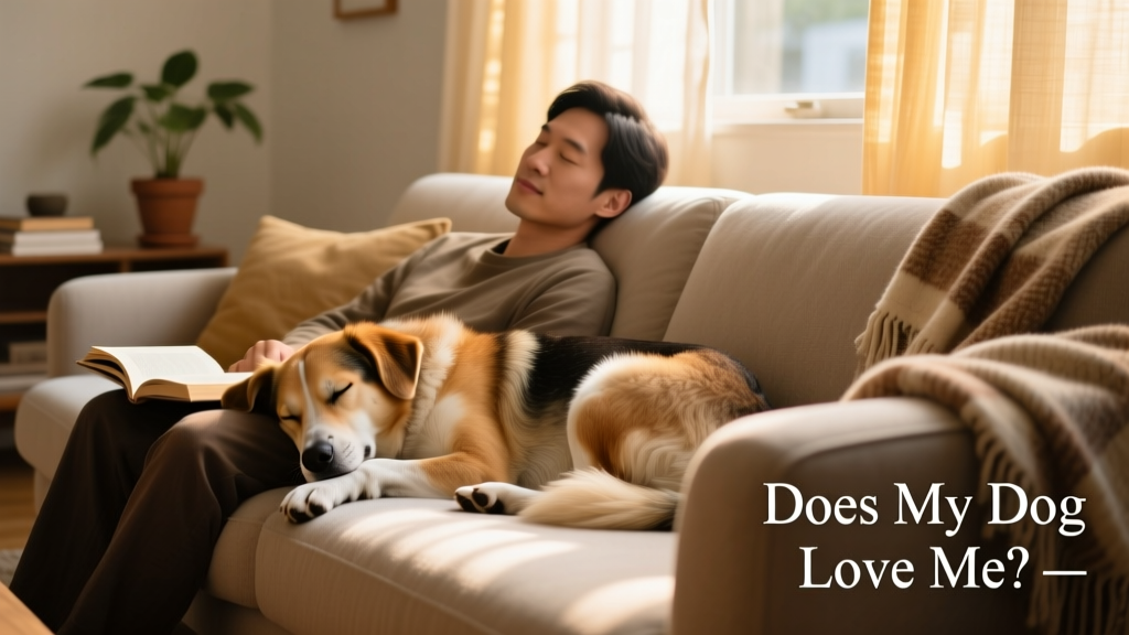 A calm, sleeping dog curled up beside their person on a cozy couch, both deeply relaxed