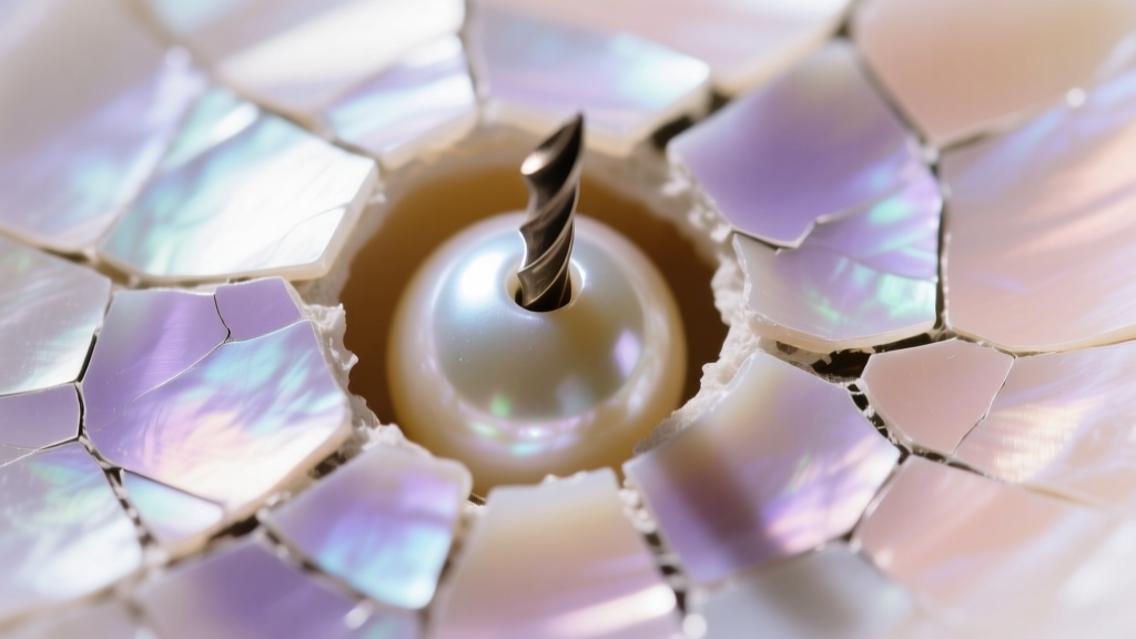 Macro photography of a peeling imitation pearl drill hole, showing the glass bead core beneath the flaking 1980s nacre coating.