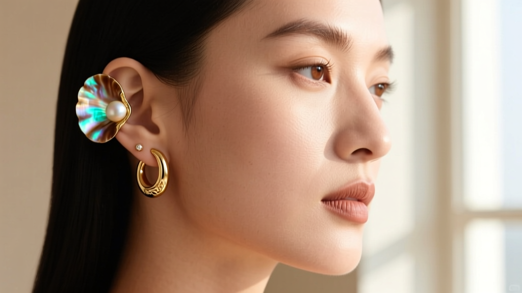 Profile of a model wearing a gold abalone shell ear cuff and a matching huggie hoop on the upper cartilage and pierced ear lobe