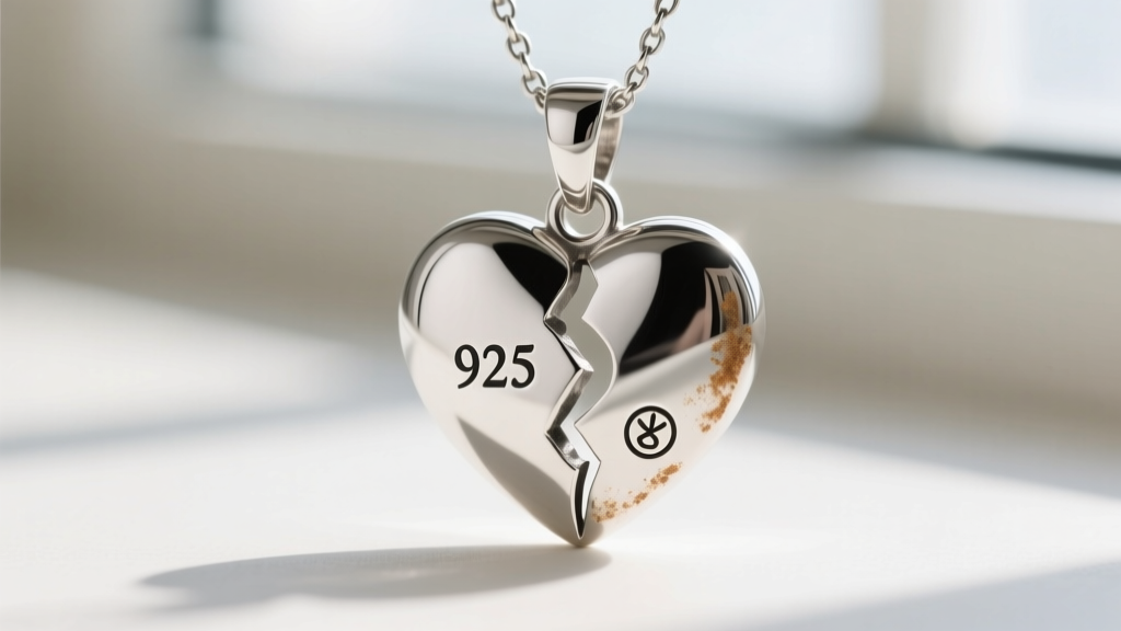 Extreme macro shot of a 925 sterling silver broken heart pendant edge showing laser-engraved hallmarks and subtle oxidation patina.