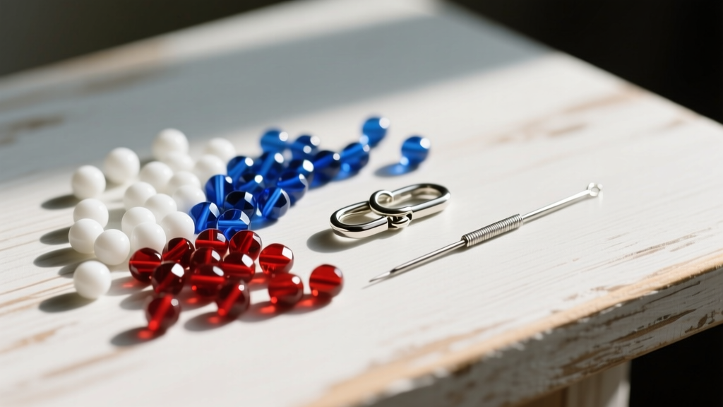 Flat lay of loose Czech glass seed beads in white, blue, and red next to a silver clasp and beading needle on a wooden table.