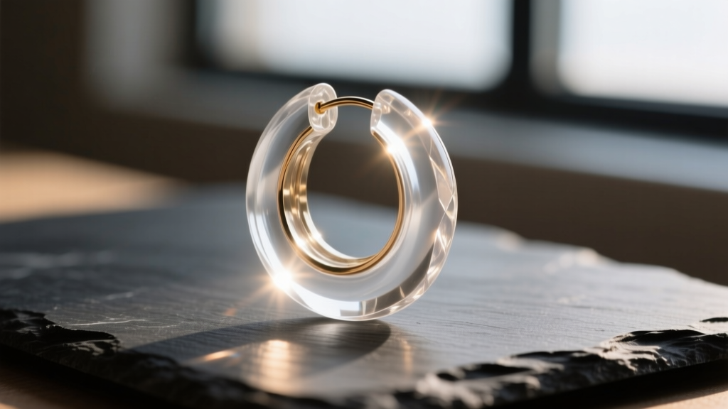Macro shot of a thick, cell-cast clear lucite hoop earring on dark slate, catching warm light to reveal flawless optical clarity.