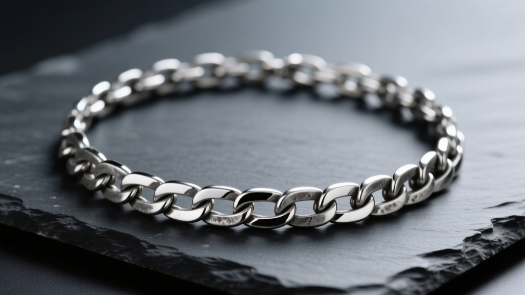 Tarnished 925 sterling silver box chain necklace on dark slate, showing contrasting dull gray and bright polished silver links.