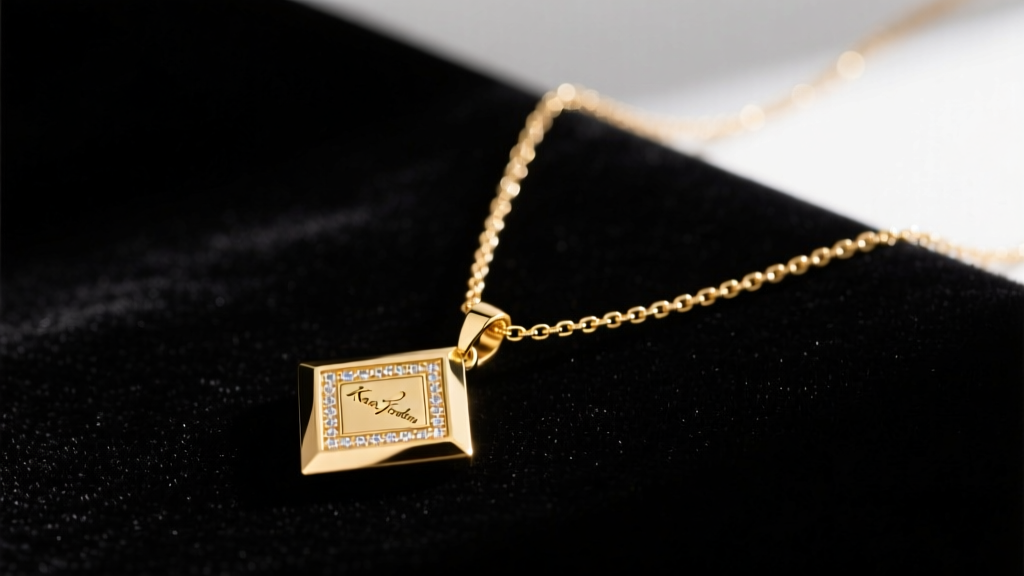 Close-up of a delicate 14k gold vermeil Karla Jordan necklace with a geometric pendant on dark velvet, showing fine chain links.