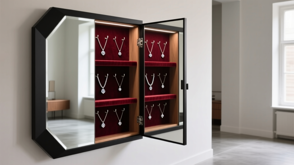 A sleek, full-length wall-mounted mirror with a hidden jewelry cabinet interior revealed, showcasing velvet-lined necklace hooks