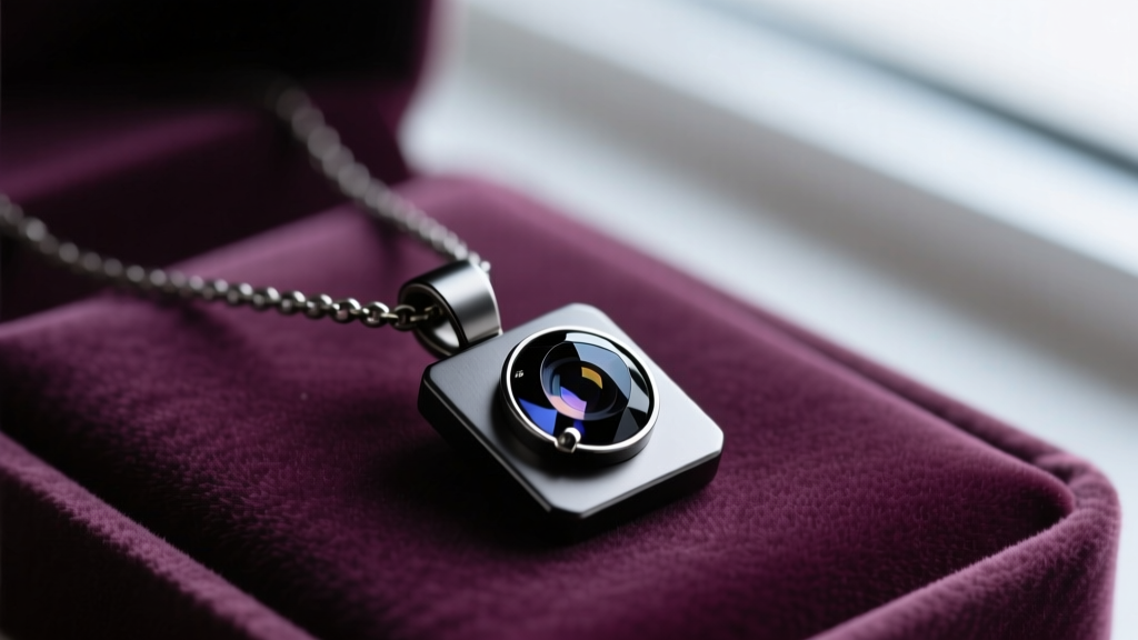 Sleek matte black titanium pendant necklace on velvet, highlighting a microscopic camera lens disguised as a dark gemstone accent.