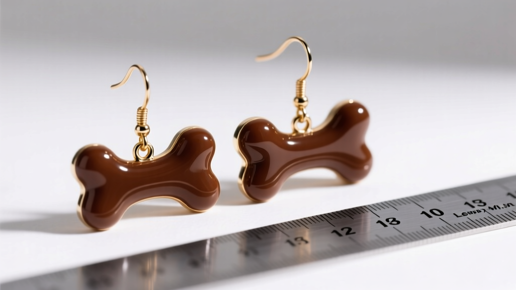 Jewelry scale weighing oversized Scooby-Doo bone dangle earrings at 4.5 grams, next to a ruler indicating a two-inch drop length.