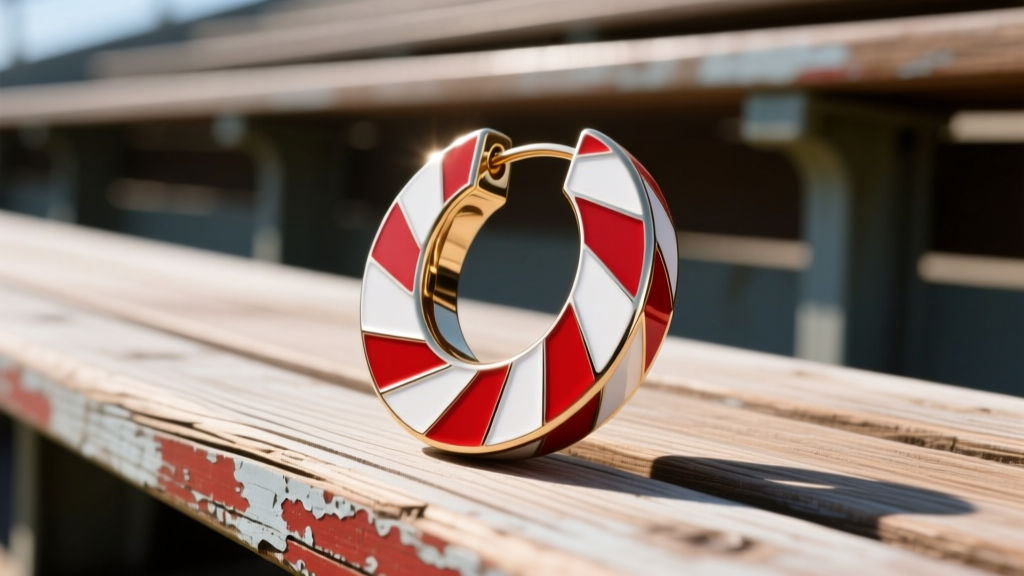 Macro shot of a red and white hard enamel pinstripe hoop earring resting on a weathered wooden stadium seat in bright daylight