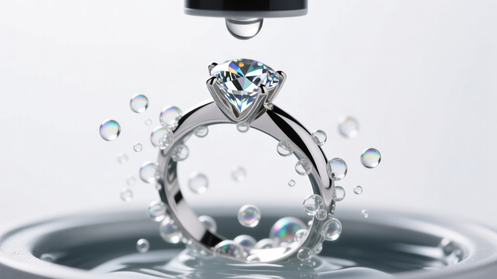 Close-up of an ultrasonic cleaner vibrating a platinum diamond ring in soapy water, revealing microscopic cavitation bubbles.