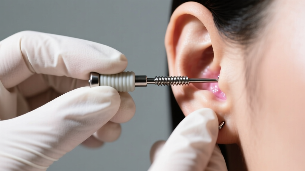 Gloved hands using a rubber grip to unscrew an internally threaded titanium labret stud from a healed ear cartilage piercing.