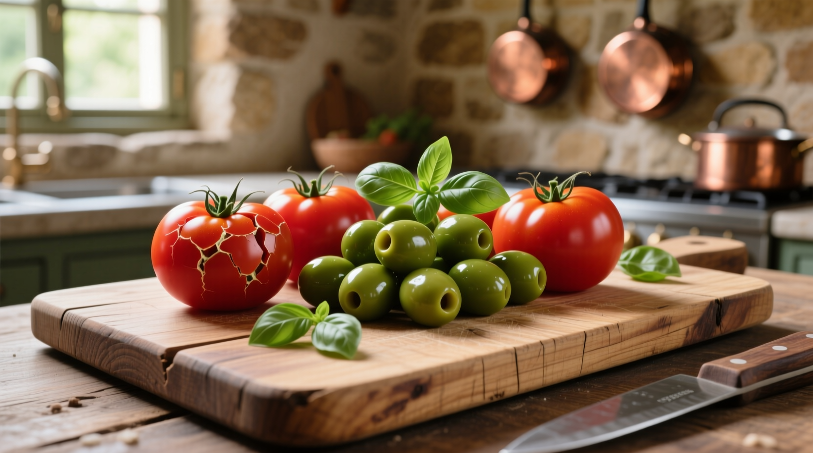 Fresh tomatoes and olives arranged on wooden cutting board