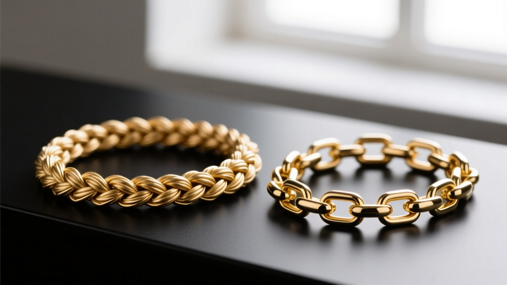 Macro shot comparing a braided Spiga wheat chain and a classic Figaro link chain, highlighting precise Italian metalwork details