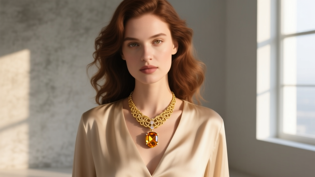 Woman wearing an 18k gold and citrine pendant necklace over a beige silk blouse, illuminated by soft, natural window light.