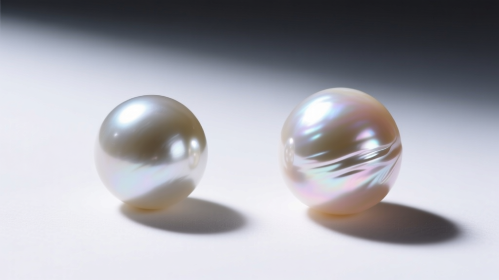 Side-by-side view of a dull glass pearl and a luminous Akoya pearl, showing the stark contrast in surface luster and nacre depth.