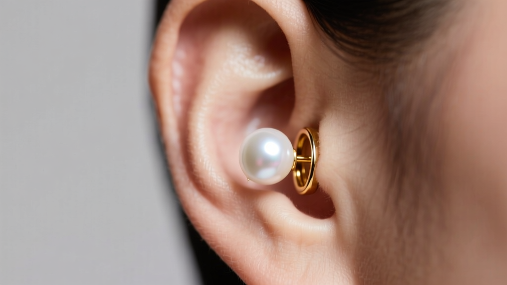 Close-up of an ear wearing a 14mm white freshwater pearl clip-on earring with a padded gold vermeil back, soft studio lighting