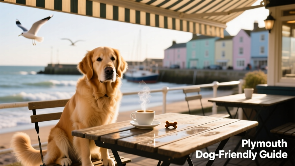 A dog sitting beside a table at a dog-friendly restaurant in Plymouth, with outdoor seating and a relaxed seaside vibe