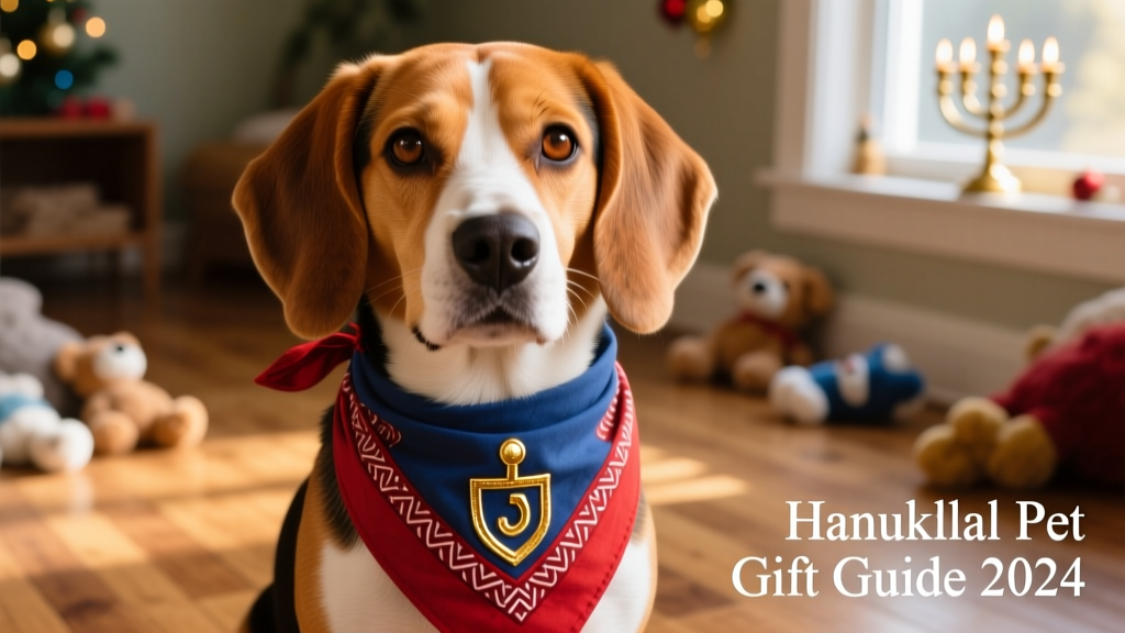 Close-up of a festive red-and-blue cotton bandana with a gold dreidel motif, tied around a gentle-eyed beagle’s neck