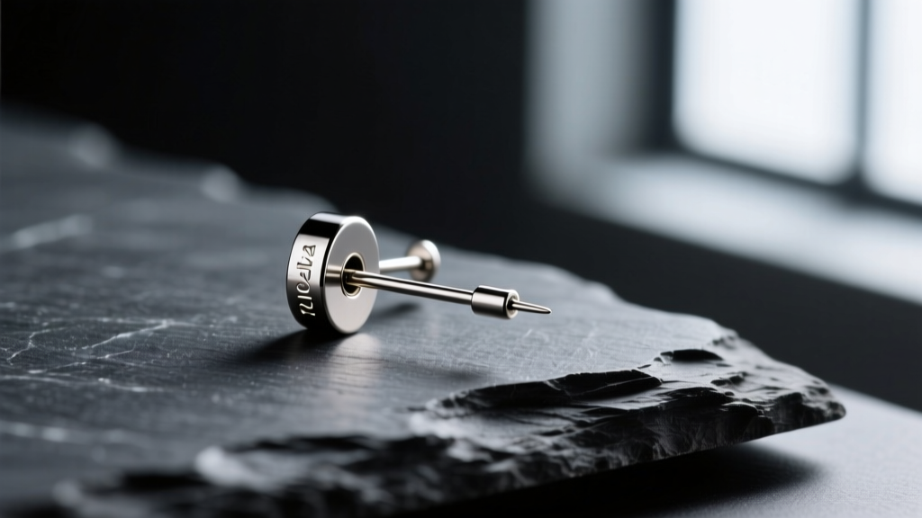 Macro shot of an implant-grade titanium micro-bar needle stud earring on dark slate, highlighting the ultra-thin 20-gauge post.