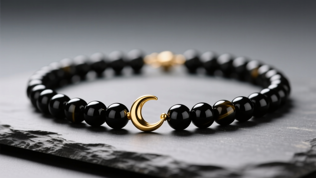 Macro view of a beaded charm necklace with onyx beads and a gold crescent charm on slate under soft studio light.