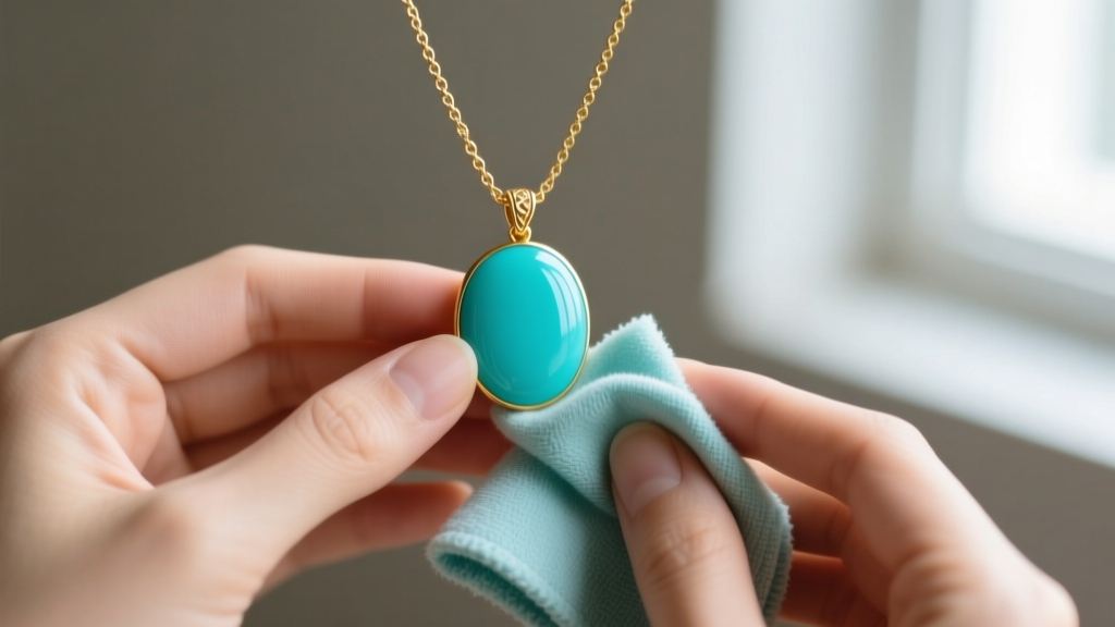 Hands gently wiping a turquoise pendant with a dry microfiber cloth, avoiding the thin gold vermeil lariat chain behind it.