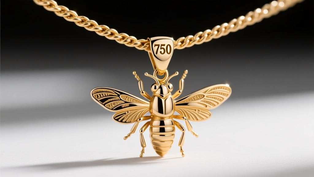 Close-up of a 750 hallmark and heavy lobster clasp on a 1.5mm 18k gold rope chain supporting a detailed insect pendant