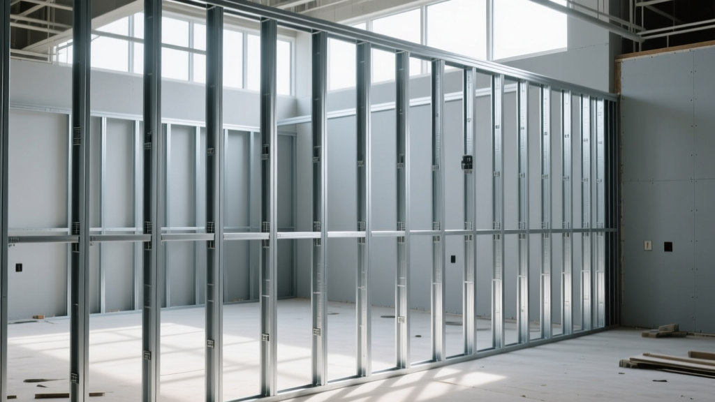 Commercial interior space showing exposed 25-gauge cold-formed steel drywall framing with C-studs and U-tracks before gypsum board installation