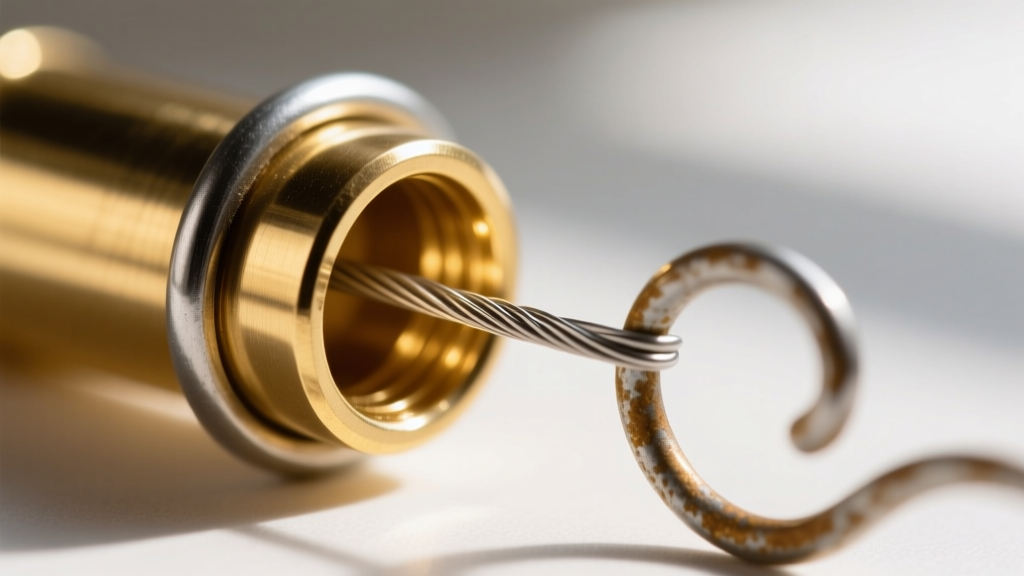 Macro shot of steel beading wire threading through a 2mm gold-filled seamless crimp tube and a curved metal wire guardian