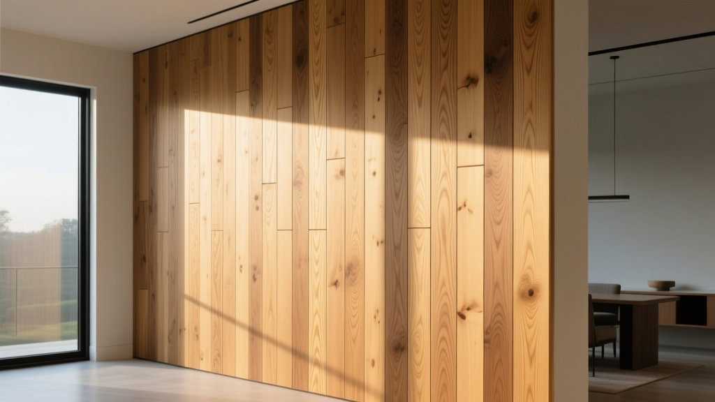 Quartersawn white oak tongue and groove wood paneling installed vertically on a modern interior accent wall illuminated by natural light